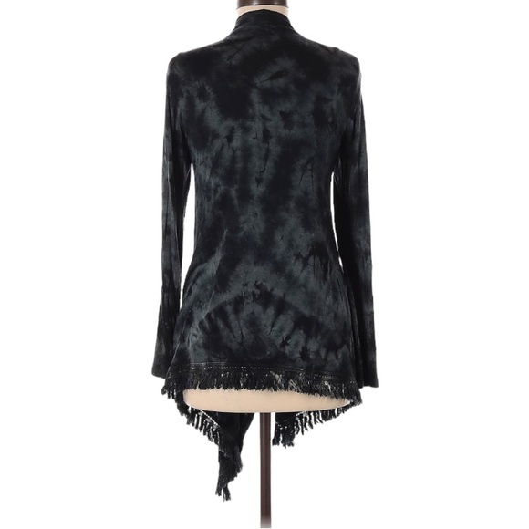 American Age Open Front Boho Fringe Acid Wash Black Tie Dye Cardigan Sz Small - Picture 3 of 16